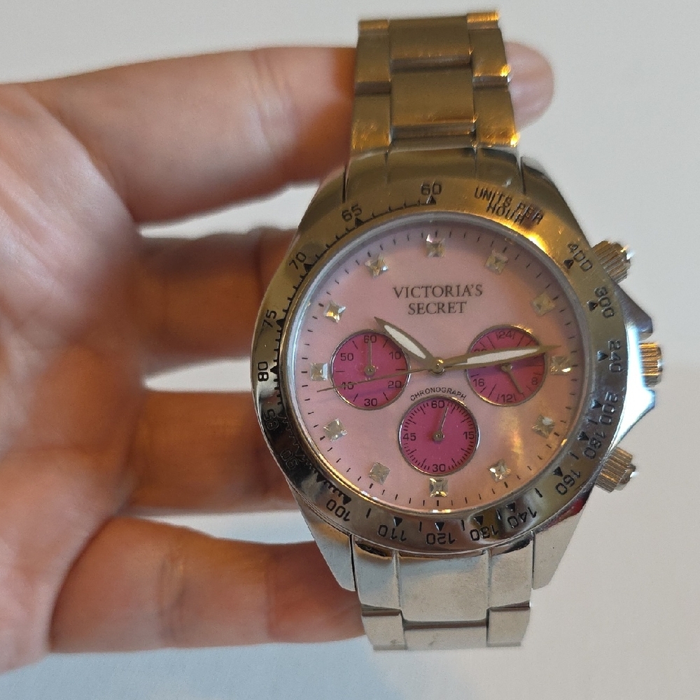 Rare Victoria's Secret Silver and Pink Mother Of Pearl Chronograph Watch